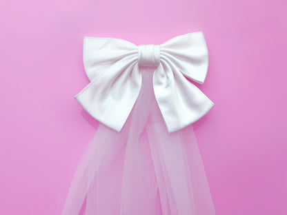 White Satin Bow Veil, Bride Hair Bow, Wedding Hair Accessories