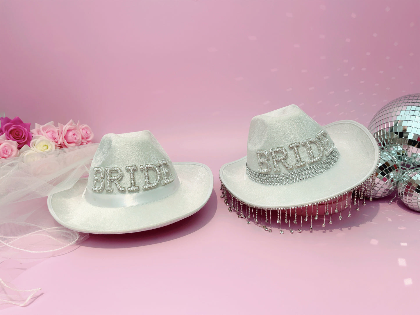 Bride Cowgirl Hat with Fringe Rhinestones and Veil