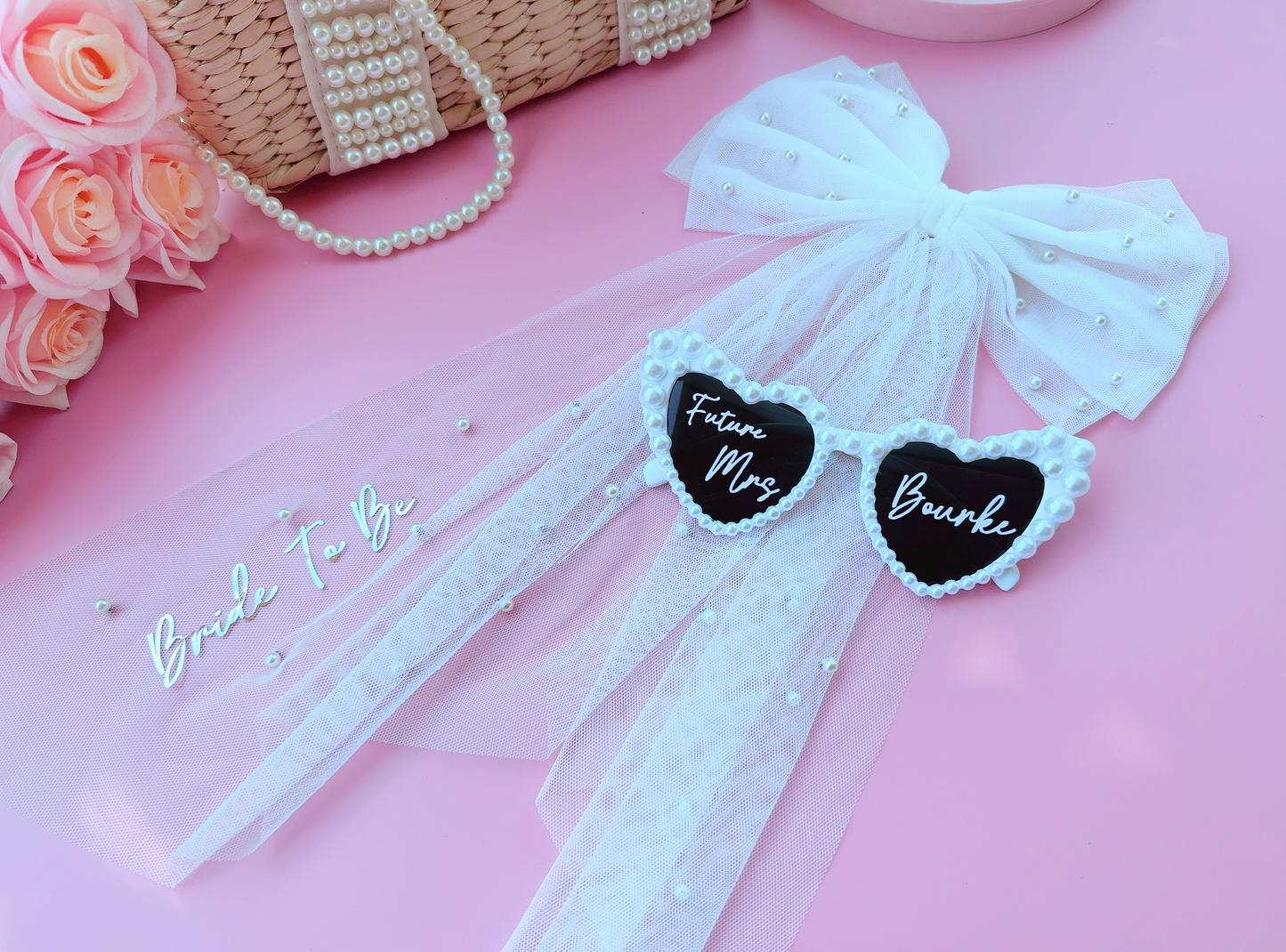 Bride Sunglasses with Pearls and Tulle Pearl Bride Hair Bow