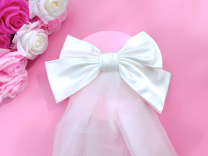 White Satin Bow Veil, Bride Hair Bow, Wedding Hair Accessories