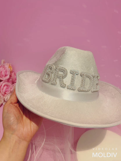 Bride Cowgirl Hat with Fringe Rhinestones and Veil