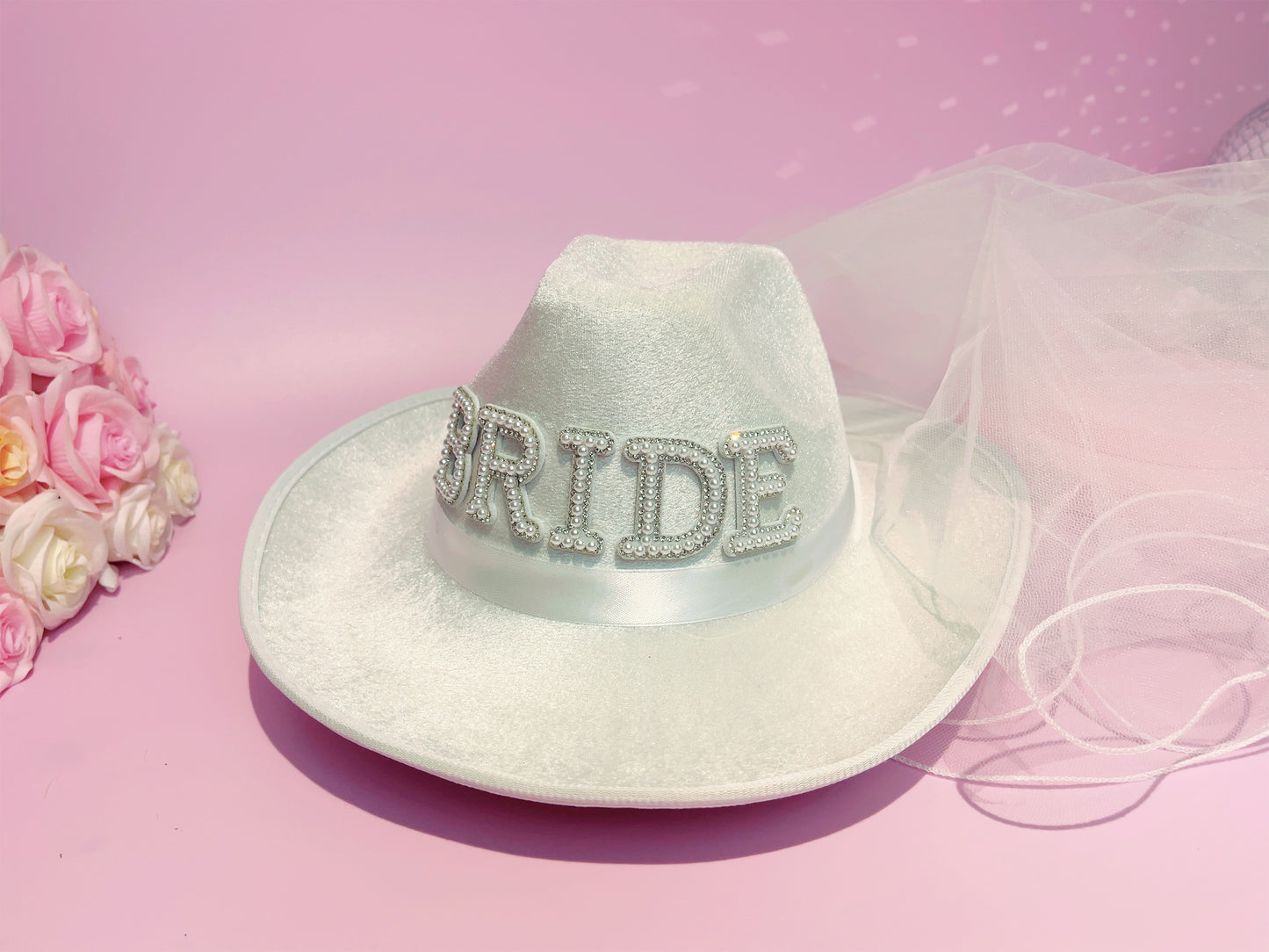 Bride Cowgirl Hat with Fringe Rhinestones and Veil