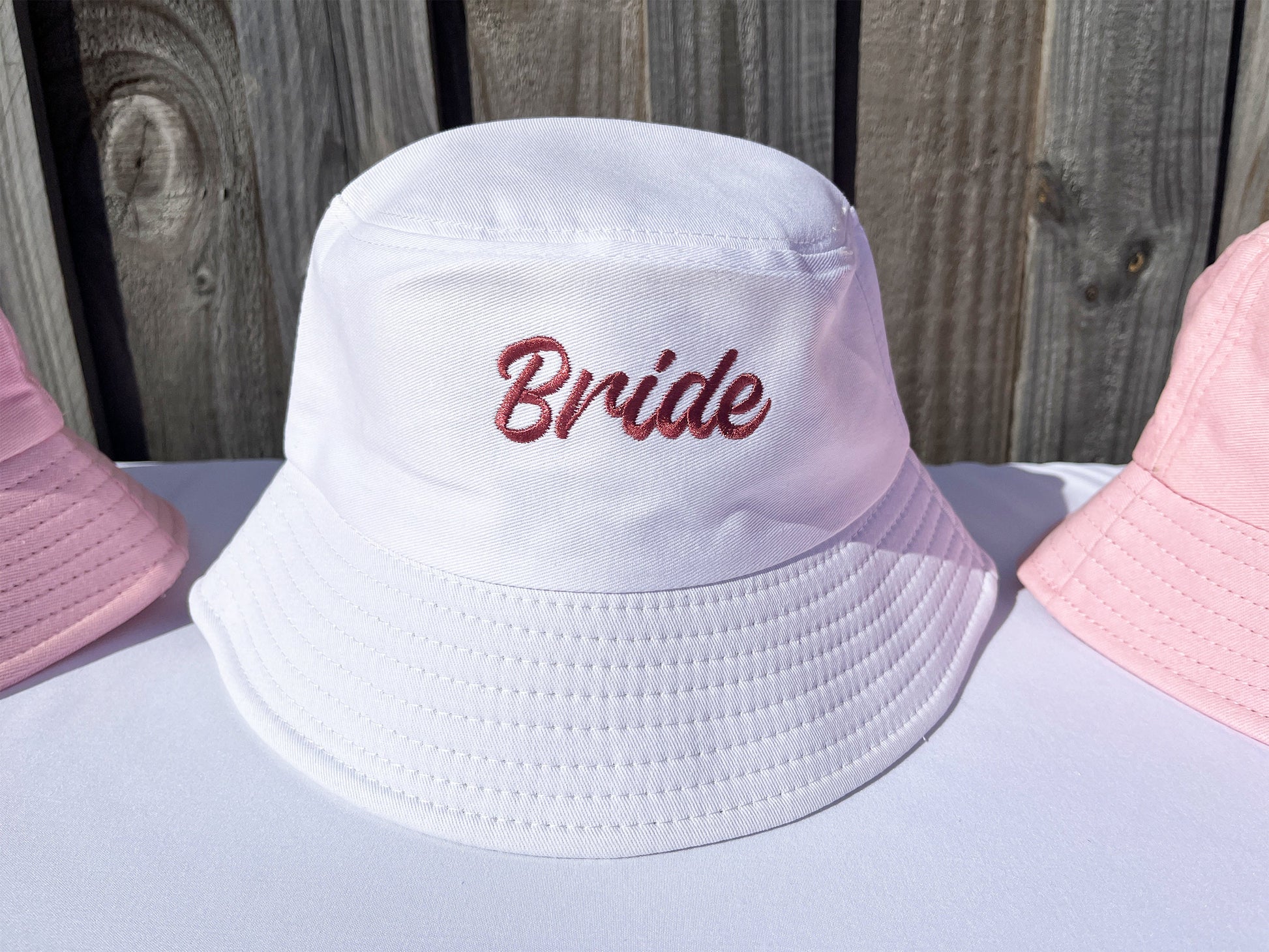 Bride Bucket Hat - White, Black, Pink Embroidered Cotton Sun Hat, Hens Party, Bachelorette Gift, Party Favor, Cool Bach, Bridal Shower