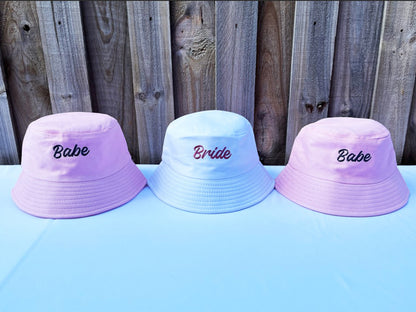 Bride Bucket Hat - White, Black, Pink Embroidered Cotton Sun Hat, Hens Party, Bachelorette Gift, Party Favor, Cool Bach, Bridal Shower