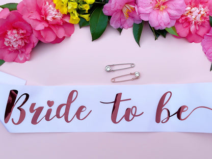 Bride to Be Sash+Diamond Pin | Hen Party Sash | Sash for Bride - Rose Gold Foil | Bride To Be | Bachelorette Favors | Engagement Party Gift