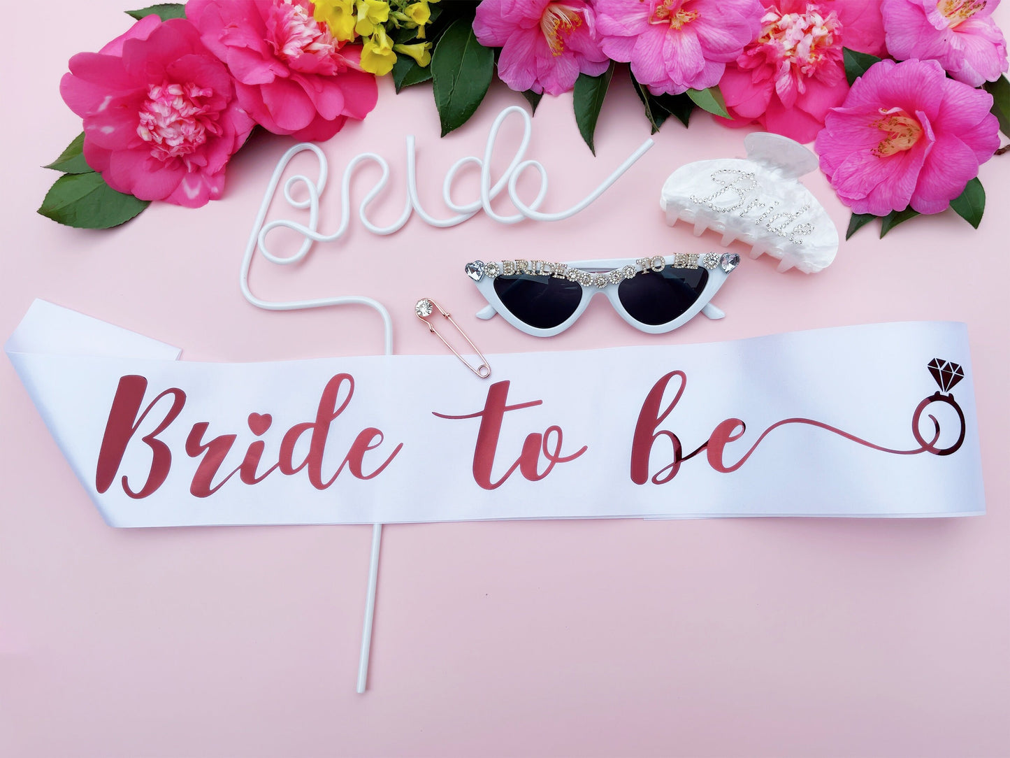 Bride to Be Sash+Diamond Pin | Hen Party Sash | Sash for Bride - Rose Gold Foil | Bride To Be | Bachelorette Favors | Engagement Party Gift