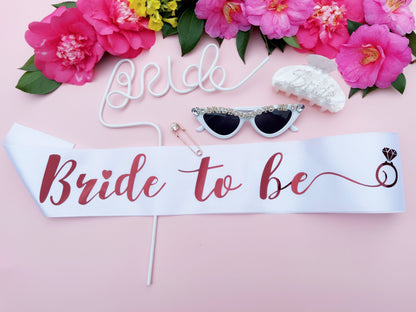 Bride to Be Sash+Diamond Pin | Hen Party Sash | Sash for Bride - Rose Gold Foil | Bride To Be | Bachelorette Favors | Engagement Party Gift