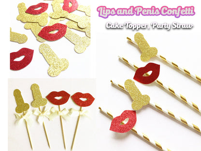 Penis & Lips Confetti, Penis Straw, Penis Cake Topper, Hen Party Favors, Bride to Be, Bridal Shower, Penis Confetti Straw