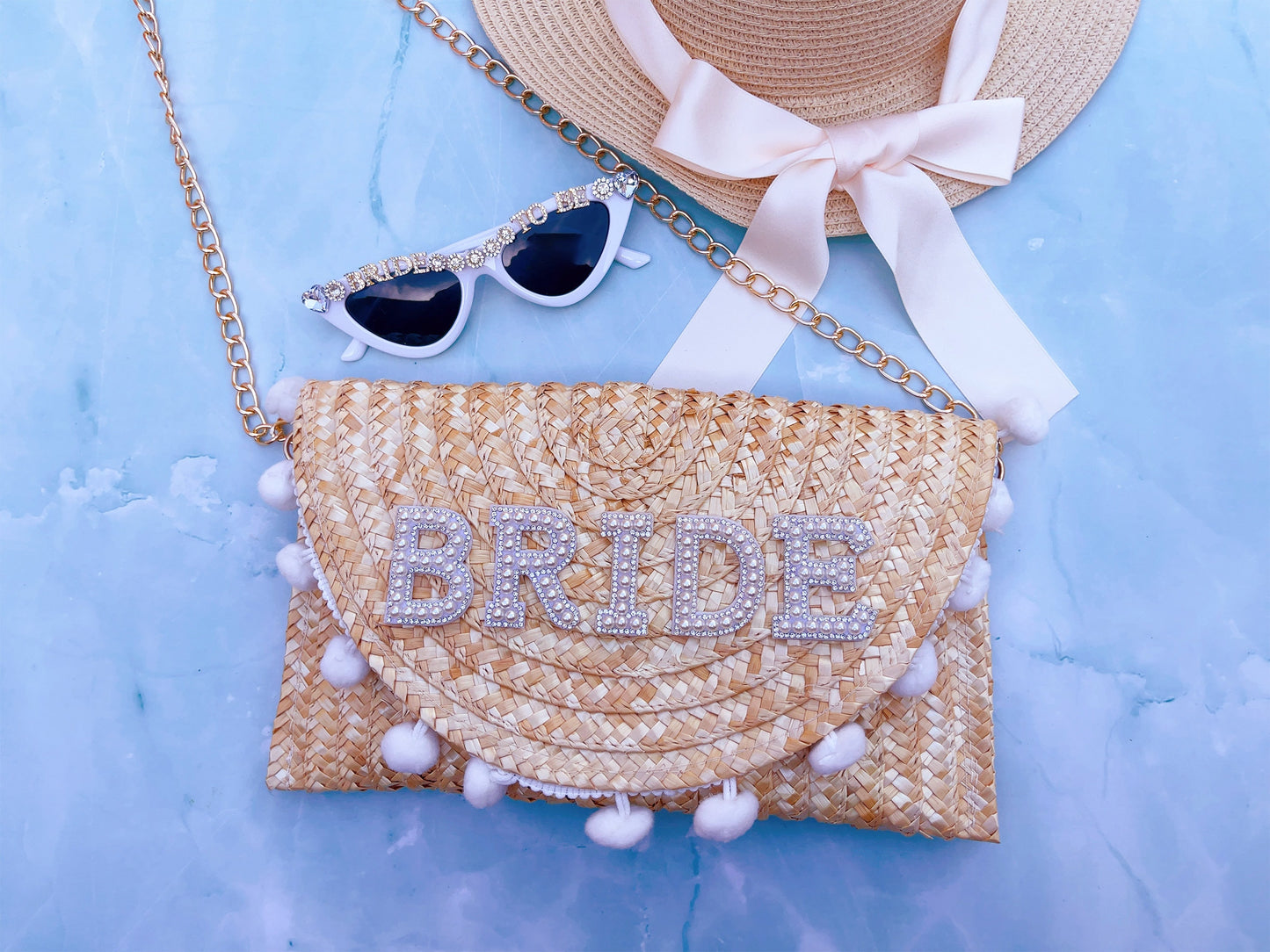 Personalised Bag Embellished Pearl + Rhinestones Straw Clutch Shoulder Bag, Mrs Wifey Bride , Bridal Wedding Hen Gift Bachelorette Purse