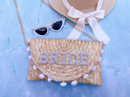 Personalised Bag Embellished Pearl + Rhinestones Straw Clutch Shoulder Bag, Mrs Wifey Bride , Bridal Wedding Hen Gift Bachelorette Purse