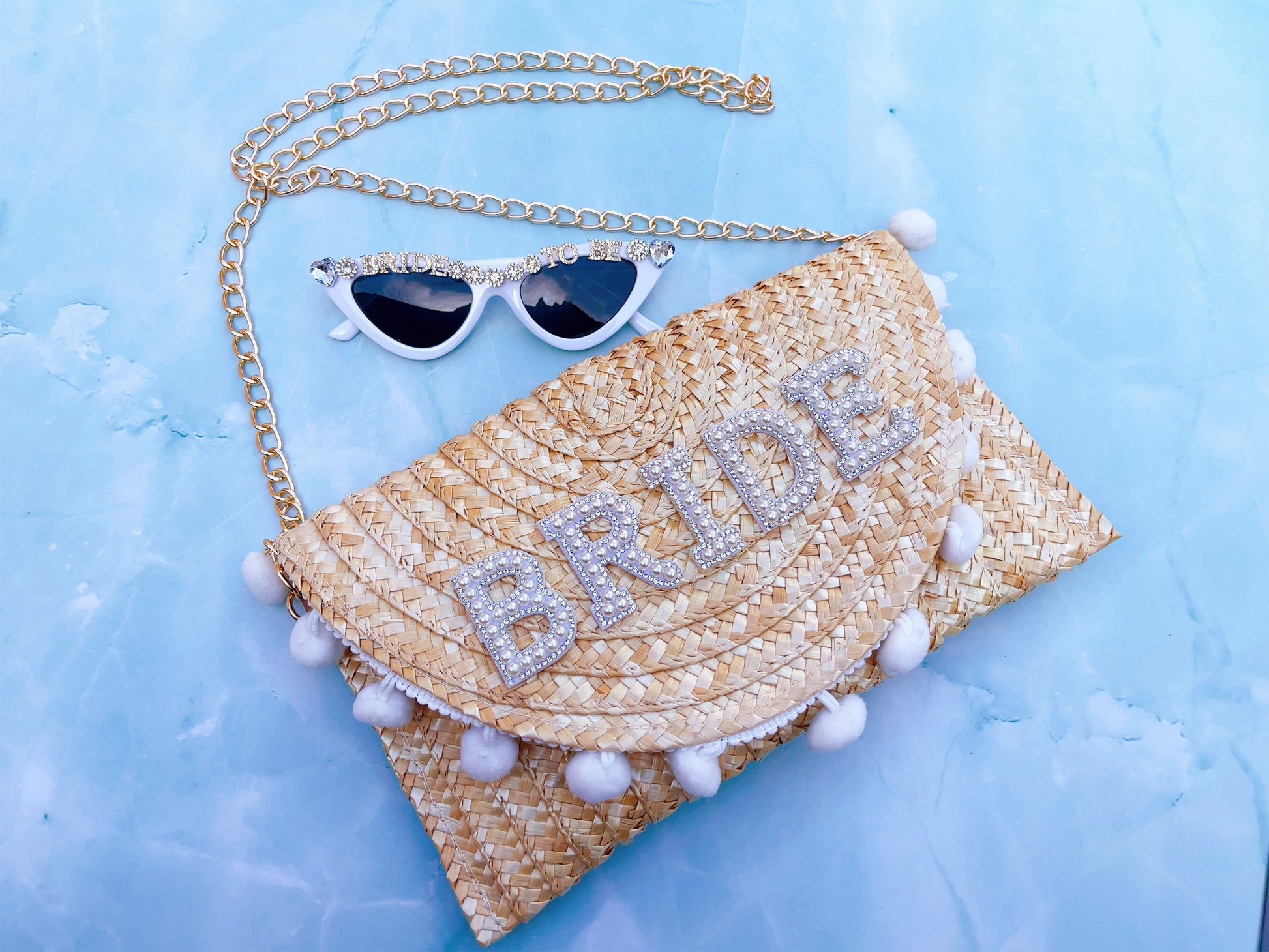 Personalised Bag Embellished Pearl + Rhinestones Straw Clutch Shoulder Bag, Mrs Wifey Bride , Bridal Wedding Hen Gift Bachelorette Purse