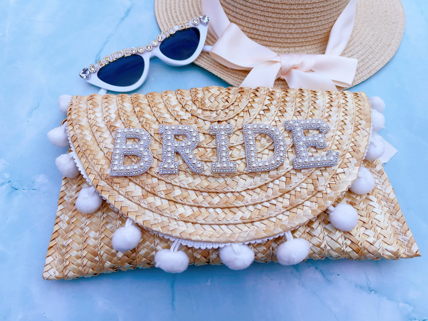 Personalised Bag Embellished Pearl + Rhinestones Straw Clutch Shoulder Bag, Mrs Wifey Bride , Bridal Wedding Hen Gift Bachelorette Purse