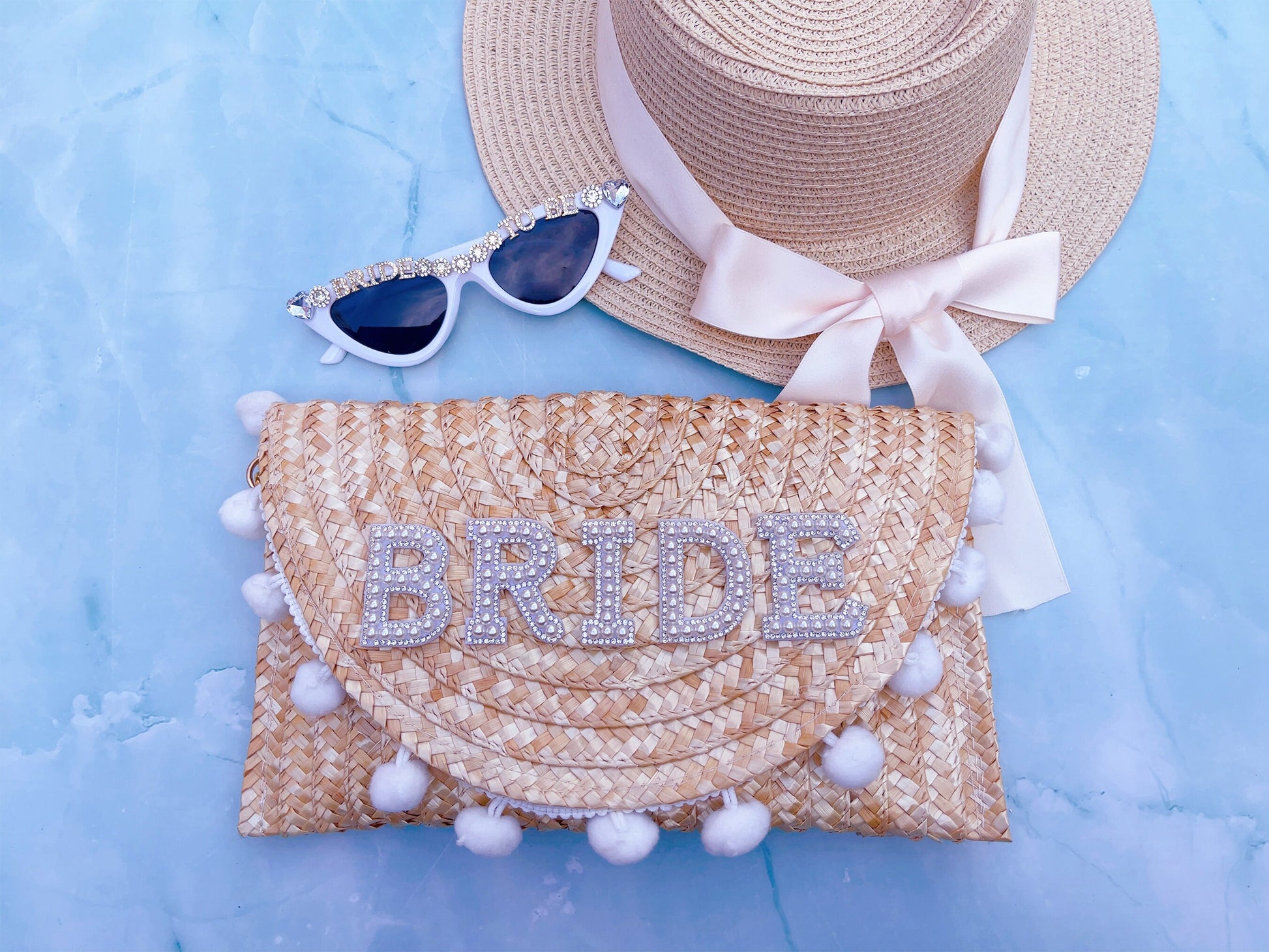 Personalised Bag Embellished Pearl + Rhinestones Straw Clutch Shoulder Bag, Mrs Wifey Bride , Bridal Wedding Hen Gift Bachelorette Purse