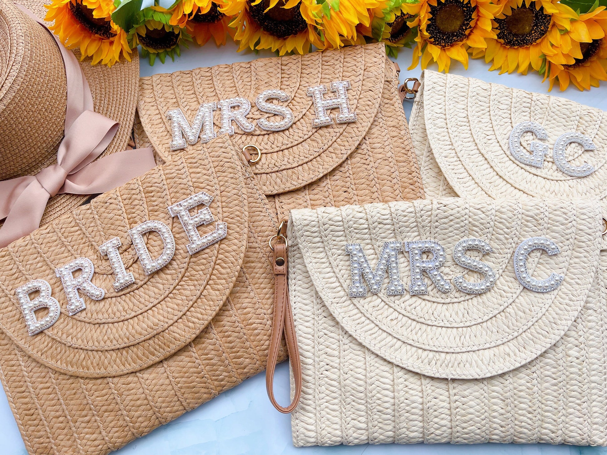 Personalised Bag Embellished Pearl + Rhinestones Straw Clutch Shoulder Bag, Mrs Wifey Bride , Bridal Wedding Hen Gift Bachelorette Purse