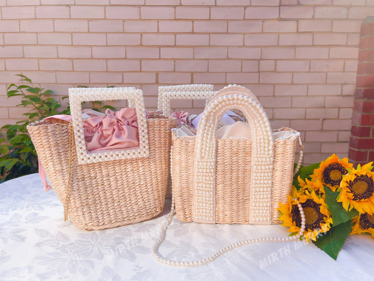 Pearl Straw Tote Bag, Wedding Holiday Bridal Hen Honeymoon Gift Embellished Woven Beaded Beach Basket Tote Handbag Purse, Bride To Be Gift