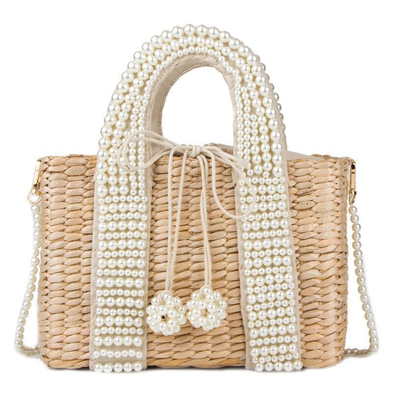 Pearl Straw Tote Bag, Wedding Holiday Bridal Hen Honeymoon Gift Embellished Woven Beaded Beach Basket Tote Handbag Purse, Bride To Be Gift