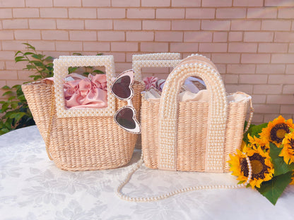 Pearl Straw Tote Bag, Wedding Holiday Bridal Hen Honeymoon Gift Embellished Woven Beaded Beach Basket Tote Handbag Purse, Bride To Be Gift