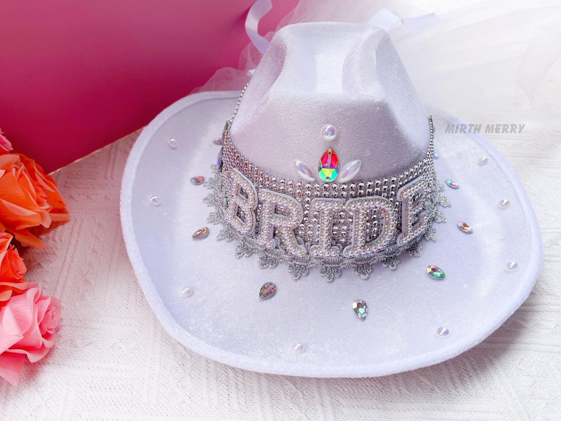 Bride Military Hat, Bride Cowgirl Hat | Iridescent Silver Hen Party BRIDE Captain Hat | Blingy Sequins Pearls Jewels Rhinestones Veil