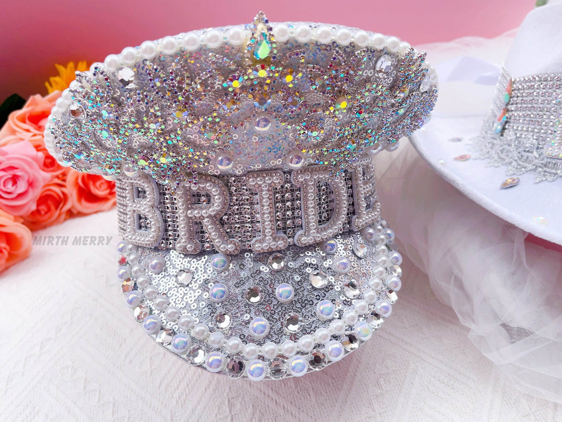 Bride Military Hat, Bride Cowgirl Hat | Iridescent Silver Hen Party BRIDE Captain Hat | Blingy Sequins Pearls Jewels Rhinestones Veil