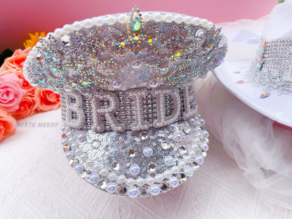 Bride Military Hat, Bride Cowgirl Hat | Iridescent Silver Hen Party BRIDE Captain Hat | Blingy Sequins Pearls Jewels Rhinestones Veil