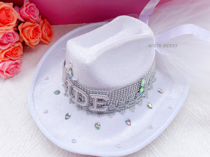 Bride Military Hat, Bride Cowgirl Hat | Iridescent Silver Hen Party BRIDE Captain Hat | Blingy Sequins Pearls Jewels Rhinestones Veil