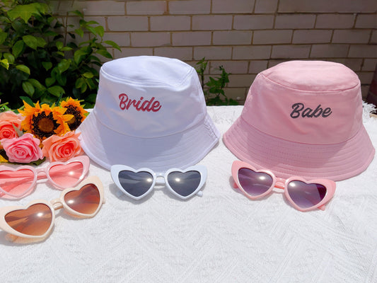 Bride Bucket Hat - White, Black, Pink Embroidered Cotton Sun Hat, Hens Party, Bachelorette Gift, Party Favor, Cool Bach, Bridal Shower