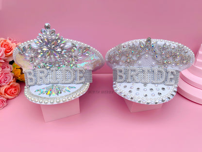 Bride Military Hat, Bride Cowgirl Hat | Iridescent Silver Hen Party BRIDE Captain Hat | Blingy Sequins Pearls Jewels Rhinestones Veil