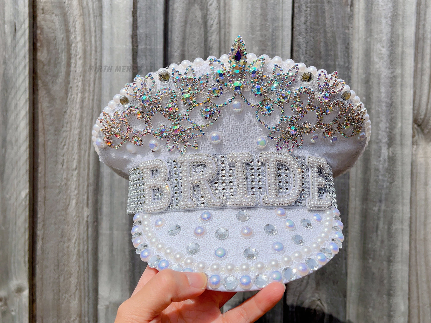 Bride Military Hat, Bride Cowgirl Hat | Iridescent Silver Hen Party BRIDE Captain Hat | Blingy Sequins Pearls Jewels Rhinestones Veil