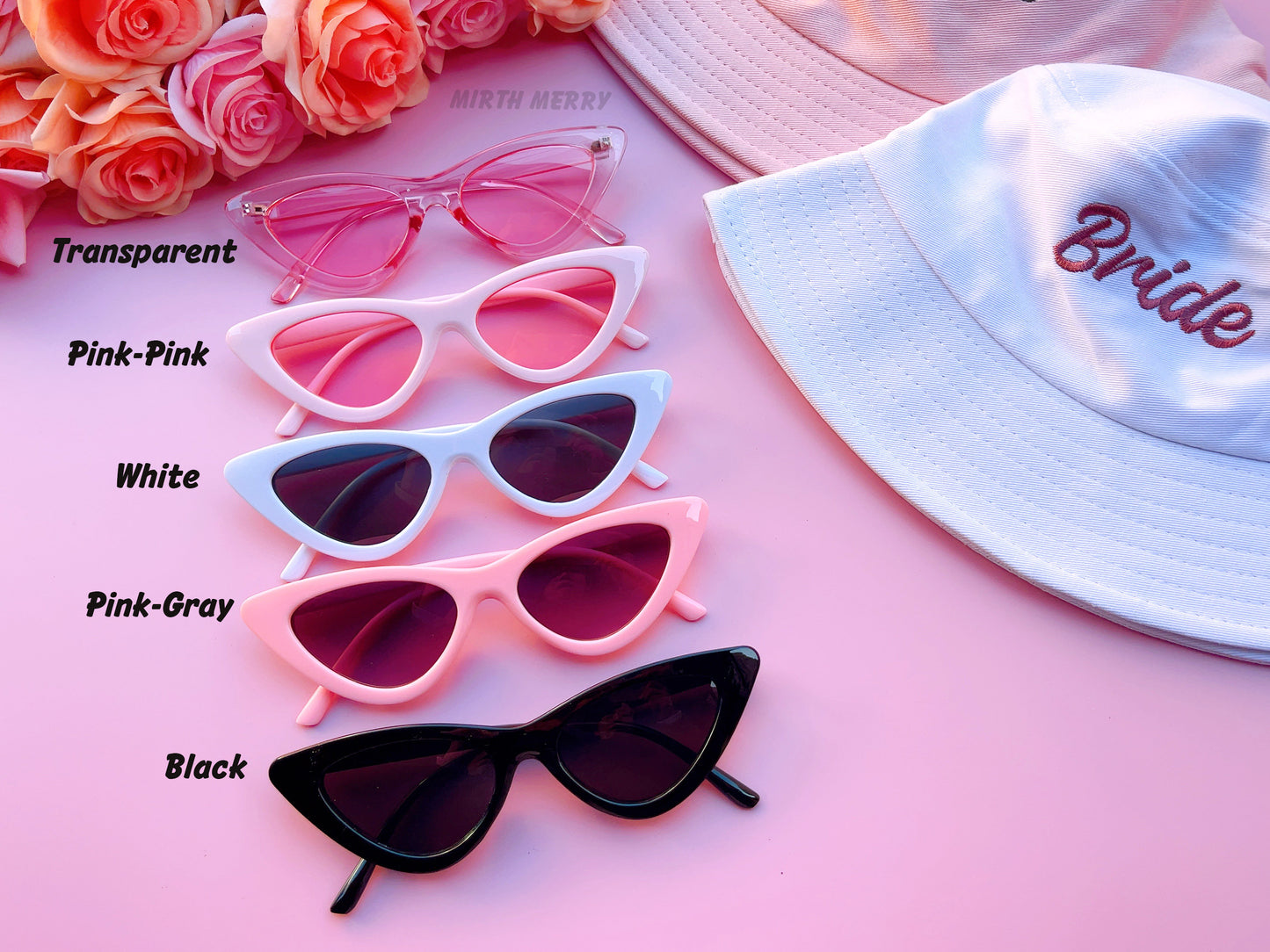 Hens Party Cat Eye Sunglasses | White, Pink, Black Matte Bachelorette Party Decoration, Bridesmaid Gift + Bridal Shower Supplies