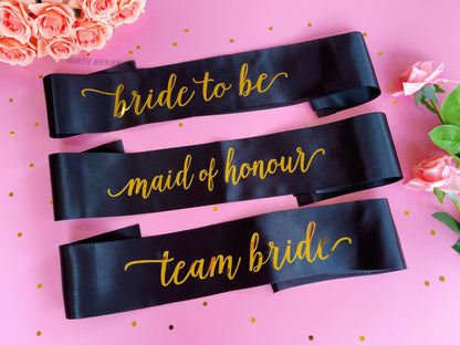 Bride to Be Sash| Hen Party Sash | Black Sash - Gold Foil | Mother of the Bride sash | Bachelorette Favors | Team Bride, Bridesmaid sash