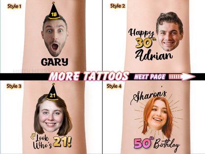 Custom Face Tattoos, Birthday Tattoos, Custom Temporary Tattoos, Party Favor, Tattoo Gift, Milestone Birthday, Christmas Halloween Tattoos