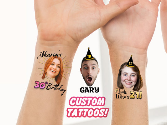 Custom Face Tattoos, Birthday Tattoos, Custom Temporary Tattoos, Party Favor, Tattoo Gift, Milestone Birthday, Christmas Halloween Tattoos