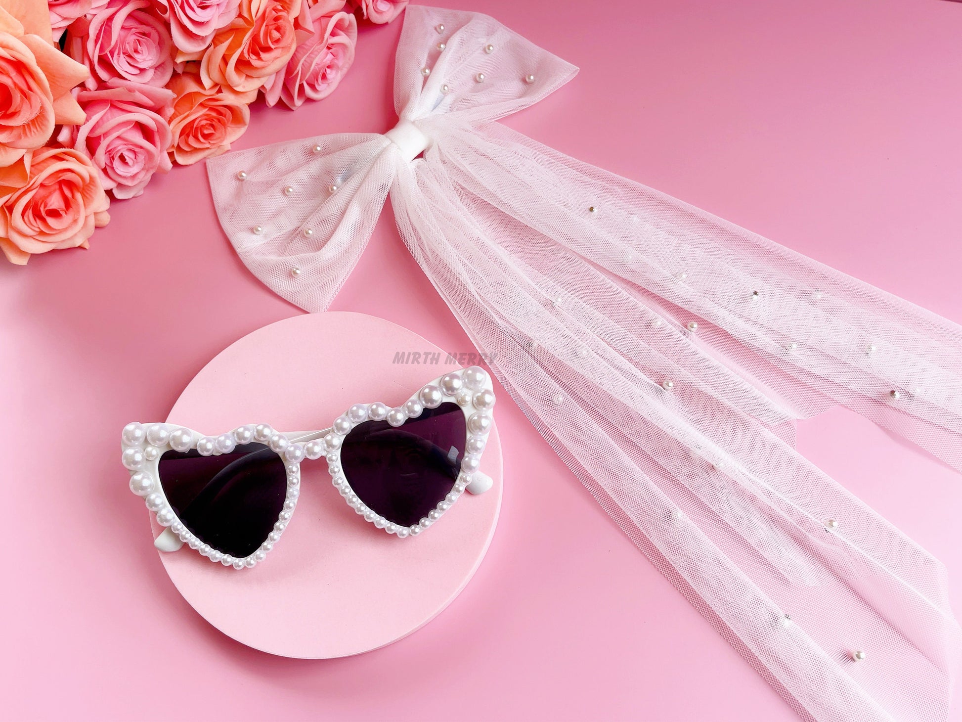 Bride Sunglasses, Pearl Sunglasses + Tulle Pearl Bride Hair Bow | Bachelorette Party Decoration, Hen Party Gifts, Bridal Shower Supplies