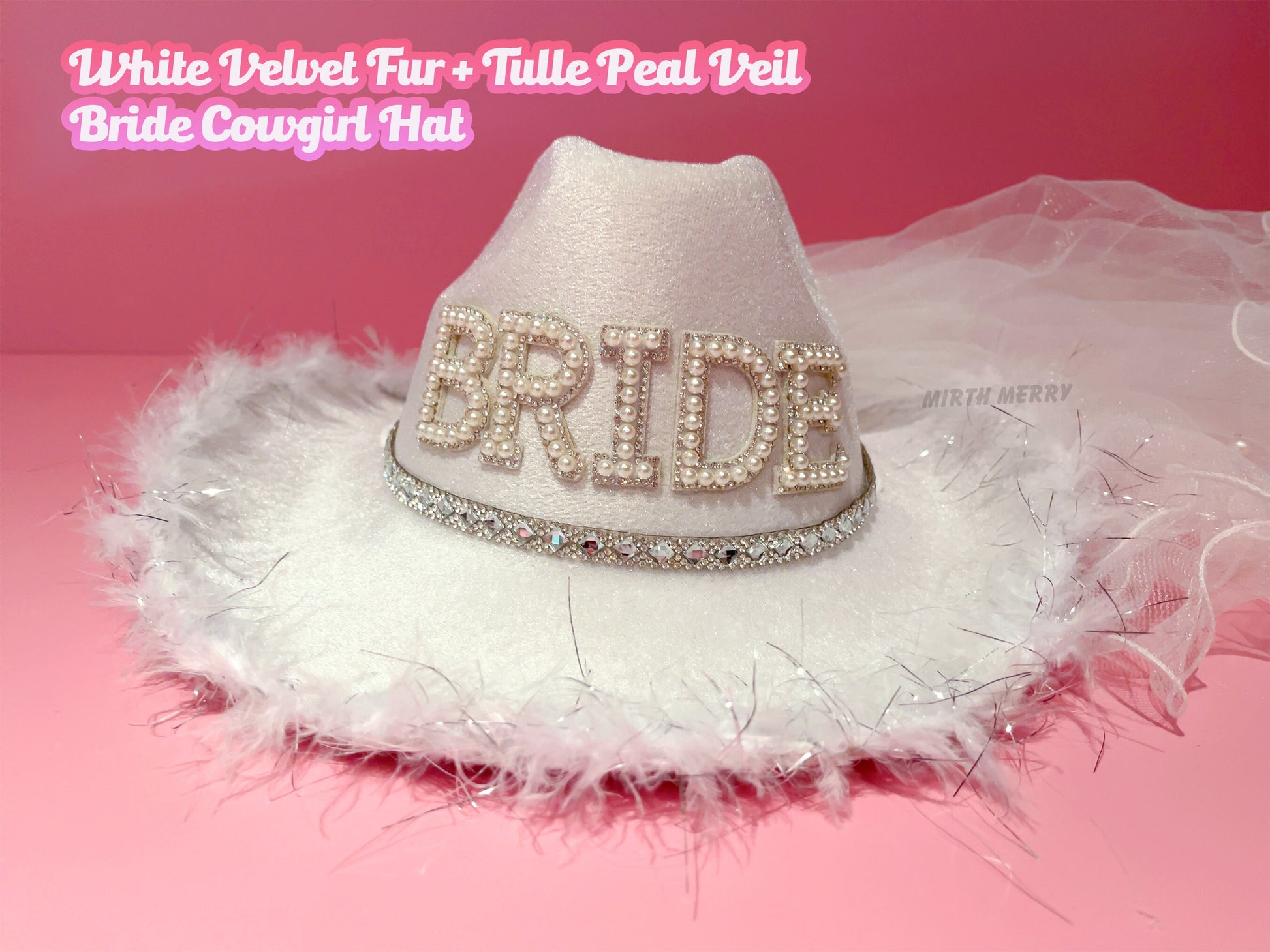 Bride Cowgirl Hat with Tulle Pearl Veil, Hen Party | Bride Gift, Bride Hat + Bridal Shower, Bride To Be, Bachelorette Party, Last Disco