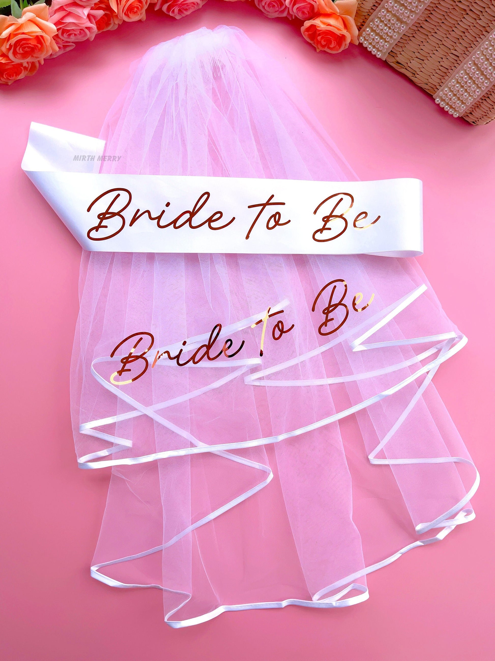 Bride to Be Sash + Veil | Hen Party Sash | Sash for Bride - Rose Gold Foil | Bachelorette Favors | Bridal Veil, Bridal Shower Gift Supplies