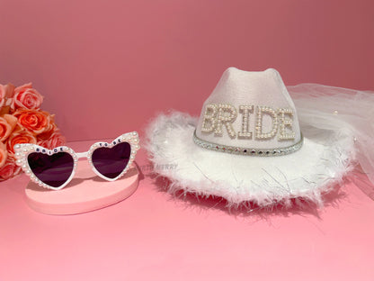 Bride Cowgirl Hat with Tulle Pearl Veil, Hen Party | Bride Gift, Bride Hat + Bridal Shower, Bride To Be, Bachelorette Party, Last Disco