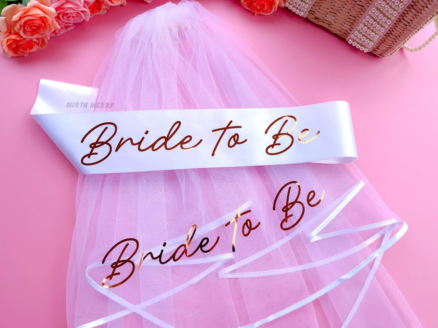 Bride to Be Sash + Veil | Hen Party Sash | Sash for Bride - Rose Gold Foil | Bachelorette Favors | Bridal Veil, Bridal Shower Gift Supplies