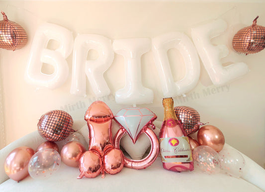 White Jumbo BRIDE Balloons + Rose Gold Balloons | 40inch, Hens Party Decoration, Bachelorette Party, Bridal Shower Decor Photo Backdrop