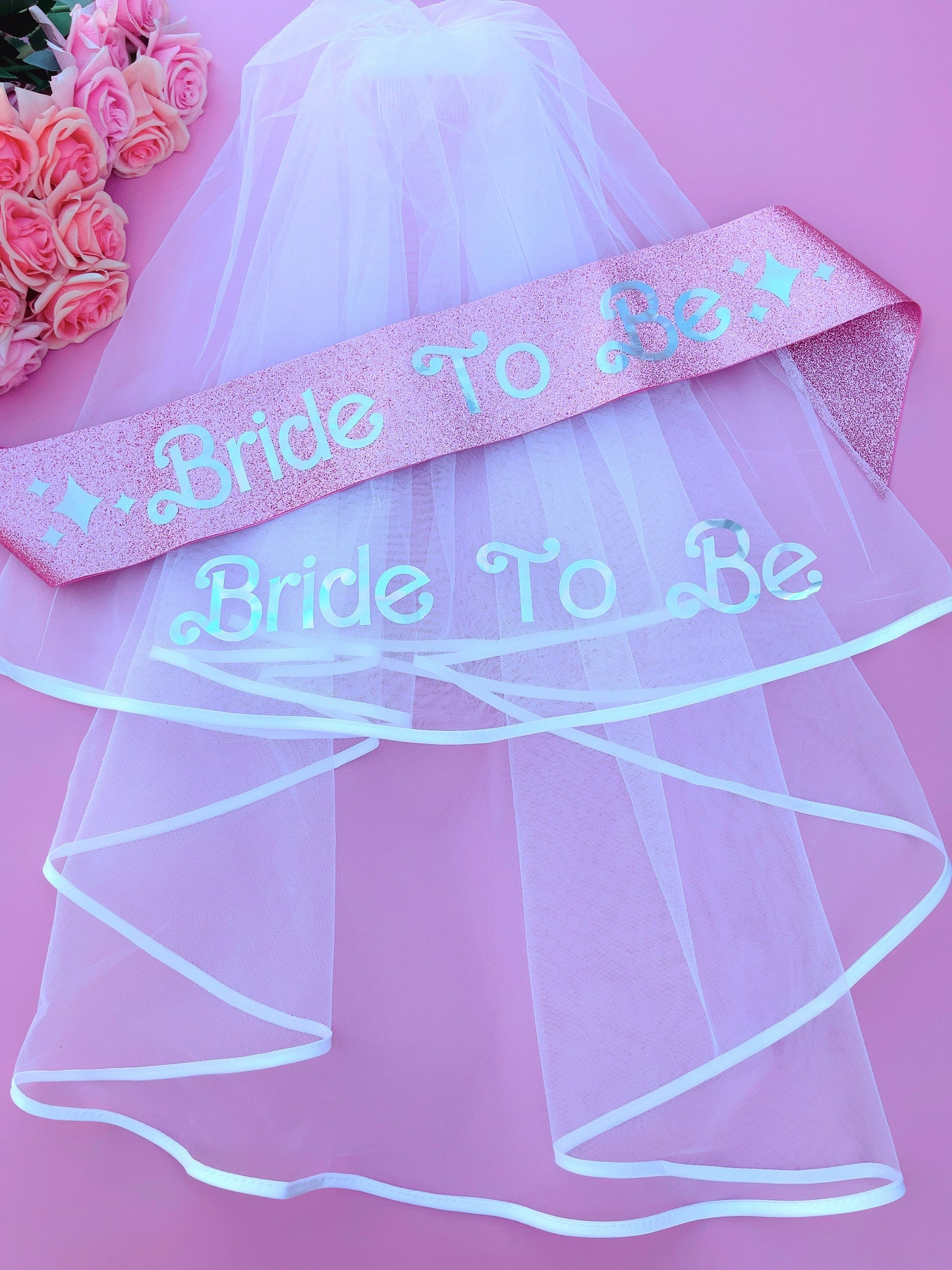 Bride to Be Sash + Veil | Hen Party Sash | Sash for Bride - Iridescent Foil | Bachelorette Favors | Bridal Veil, Bridal Shower Gift Supplies