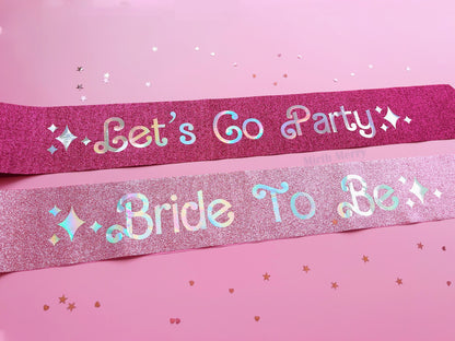 Bride to Be Sash| Lets Go Party Sash | Iridescent Foil Glitter Sash | Hen Party Sash | Pink Sash | Bachelorette Favors | Retro Sash